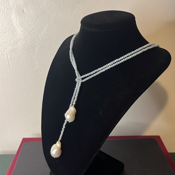 Blue Crystal Lariat Wrap Necklace with Large Organic Baroque Pearls - Picture 4 of 6